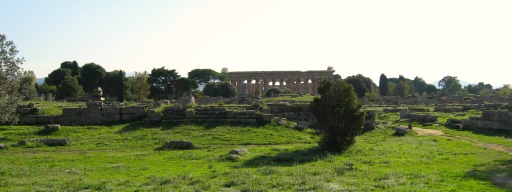 Between the Temple Athena and the Temples Hera I and II, are Roman ruins from the ancient city of Paestum.