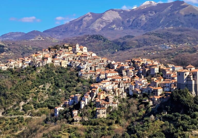 Town of Rivello in Southern Italy with the Pollino Mountains in the background.