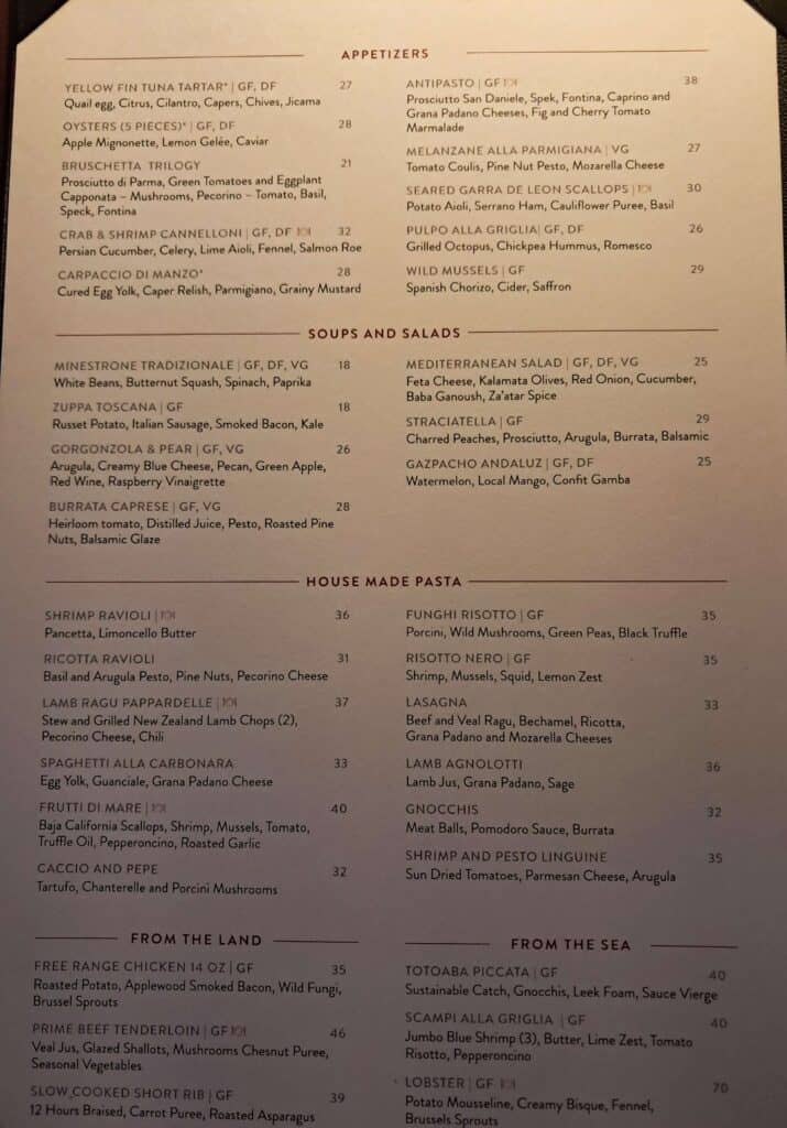 Dinner menu with prices for Vela.