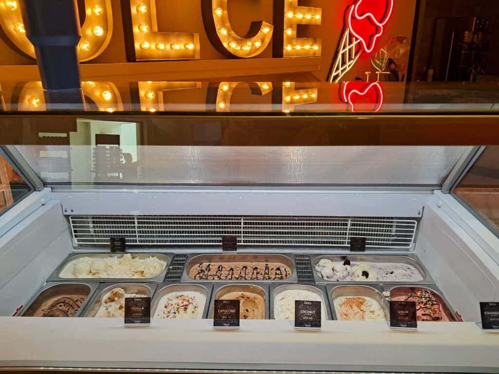Selection of ice cream in a case in the Dulce shop.