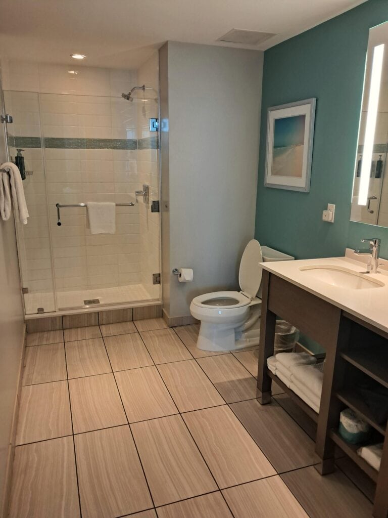 Master bathroom with walk-in shower, toilet and 2 sinks.