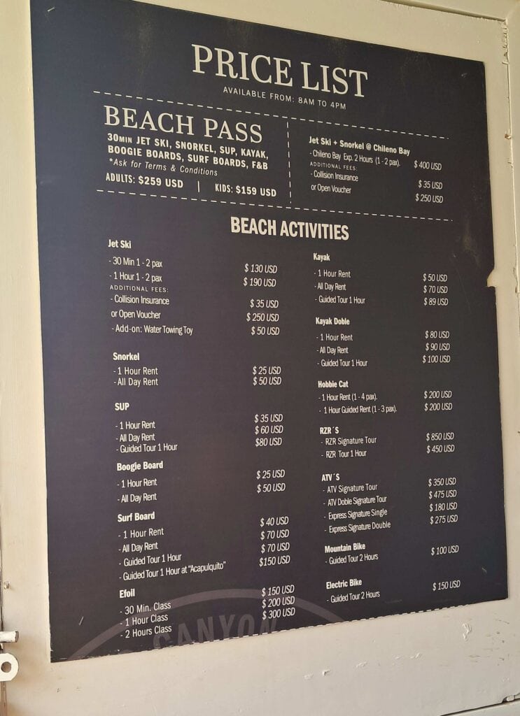 Price list for activities available at the Wild Canyon adventure shop.