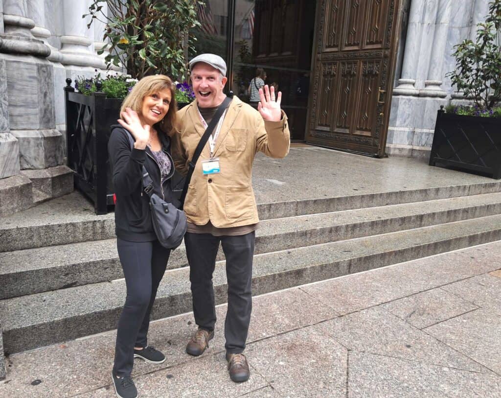 Janet and Chris standing in front of St. Patrick's Cathedral in NYC while on a walking tour.