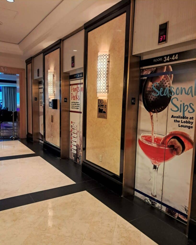 There are 3 elevators that go to The Residences by Hilton Club from the lobby of the hotel.