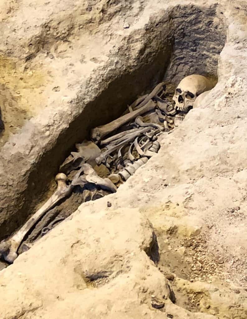 Skeletal remains of a body from the Byzantine times with a gold coin in its mouth.