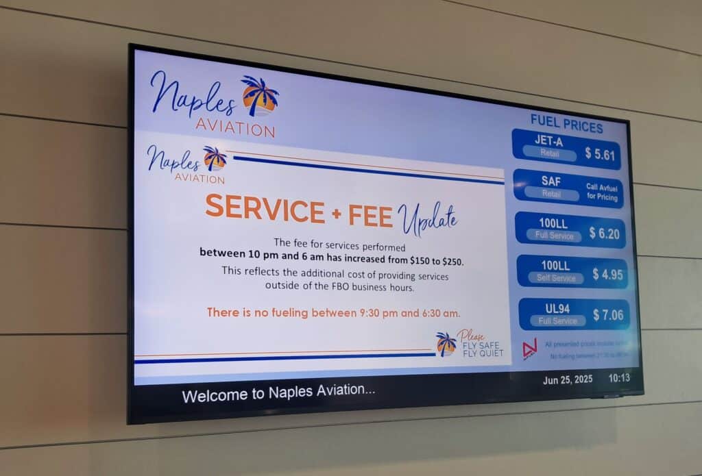 Screen listing the prices for the jet fuel available during the Naples Airport tour.