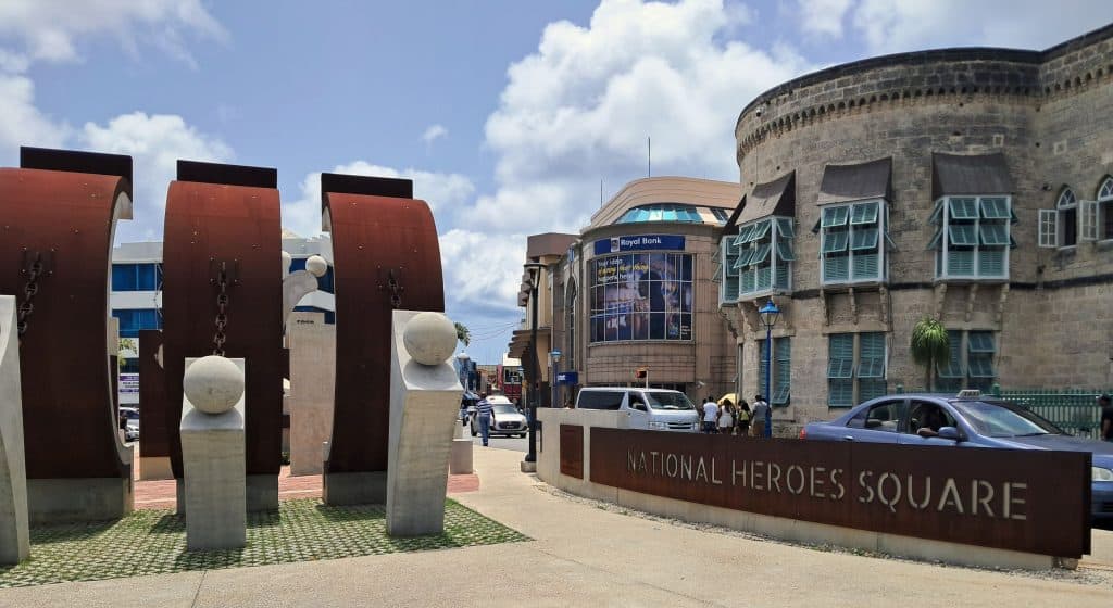 National Heroes Square in Bridgetown with sculptures.