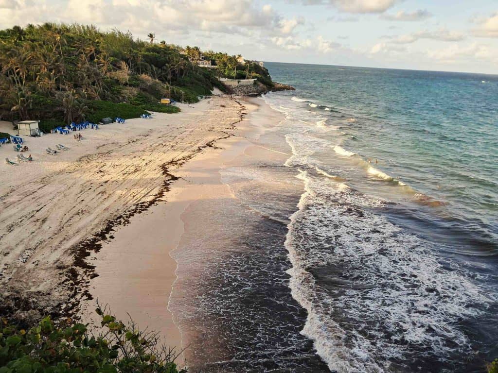 View of the Crane Beach and Atlantic Ocean from top of cliff at The Crane Resort on Barbados.