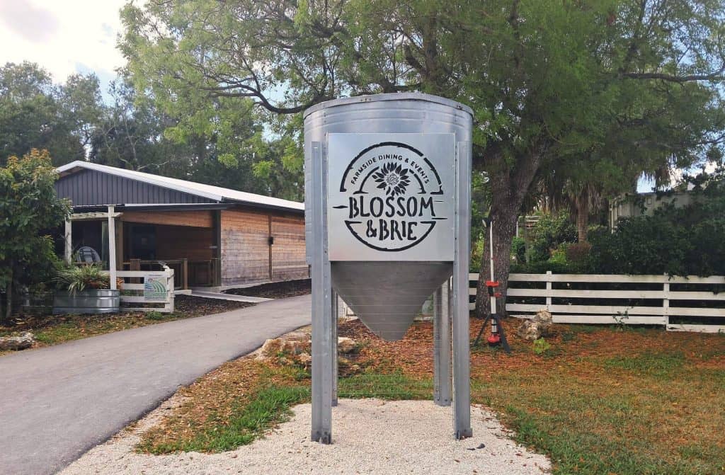 Entrance to Blossom & Brie with sign.