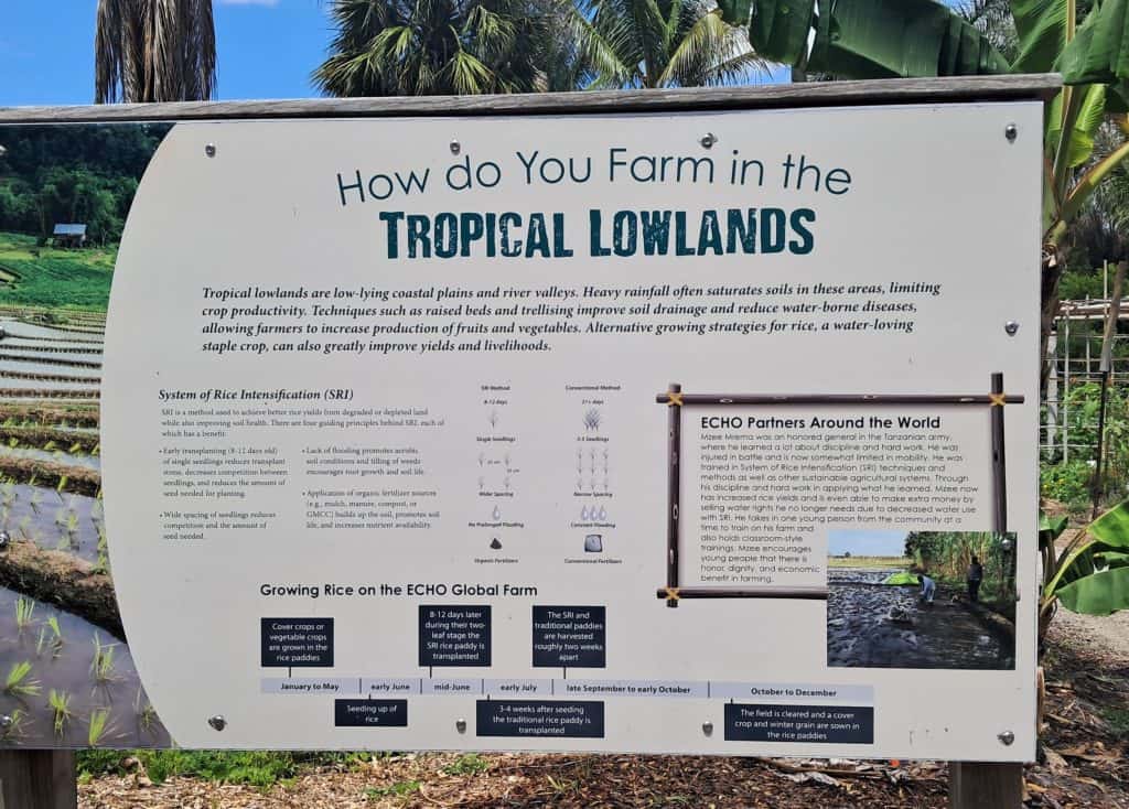 Sign explaining how to farm in the tropical lowlands at ECH Global Farm.
