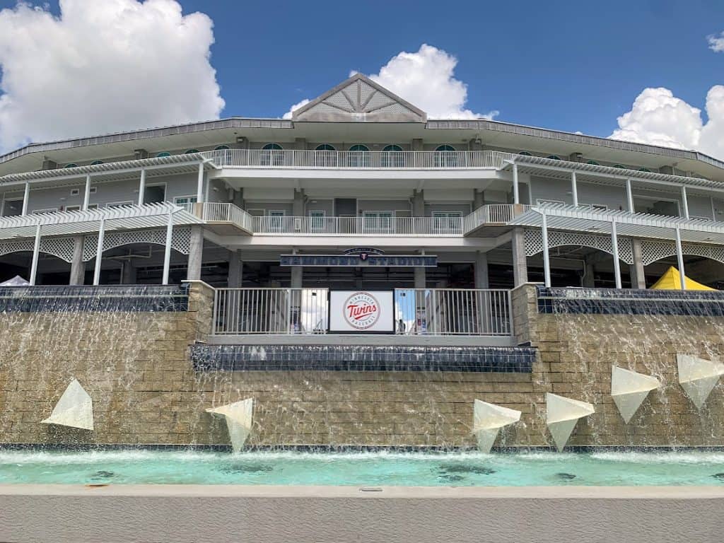Front of Hammond Stadium with waterfall.