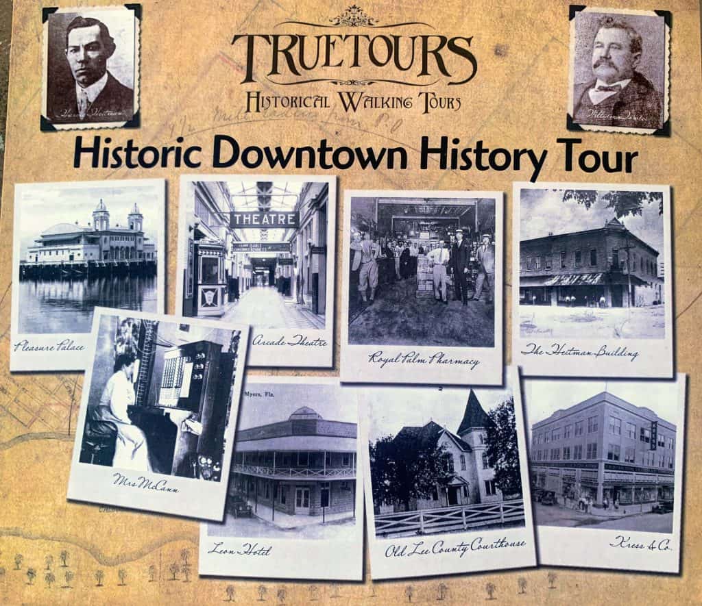 Historic downtown Fort Myers walking tour photo board of original architecture.