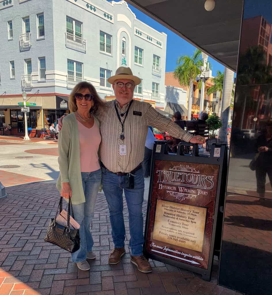Janet and the tour guide, Seth, during the walking tour of historic downtown Fort Myers.