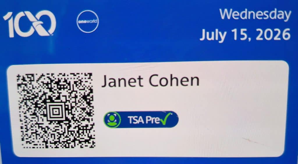 Screenshot of boarding pass with the TSA Pre✓ icon below the passenger name on the Resources & Tips page.